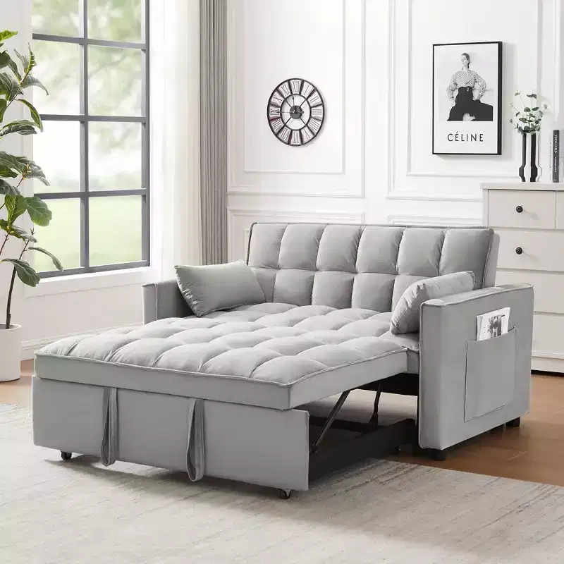 MAYEERTY Modern Velvet Loveseat Futon Sofa with Toss Pillows Pockets for Living Room Bedroom Small Space Gray