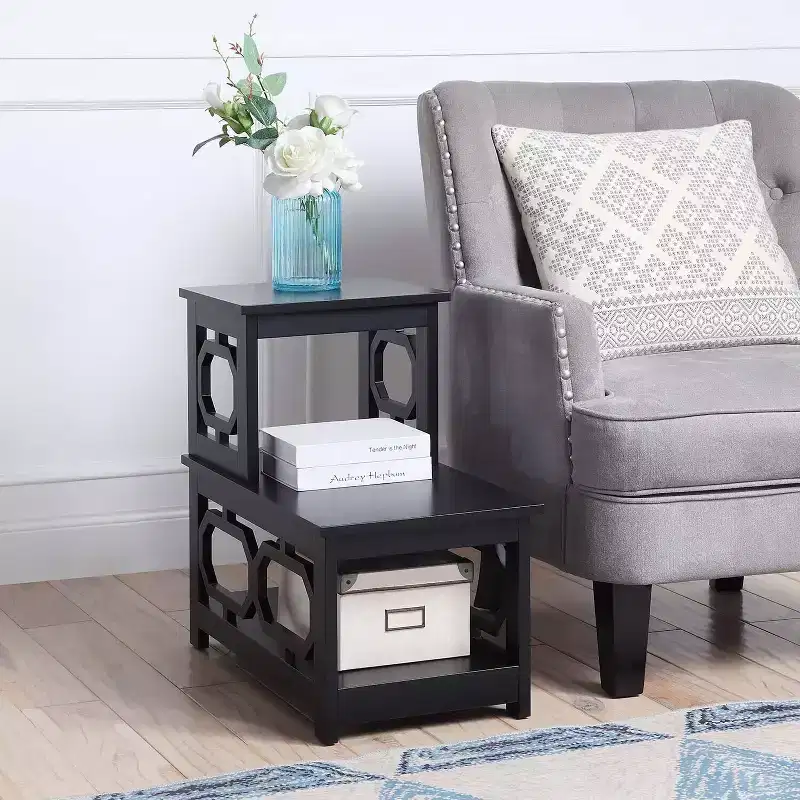 HomeStock Belmont 2 Step Chairside End Table with Contemporary L Shape Design, Three Tier Storage Shelves for Living Room or Home Office Use
