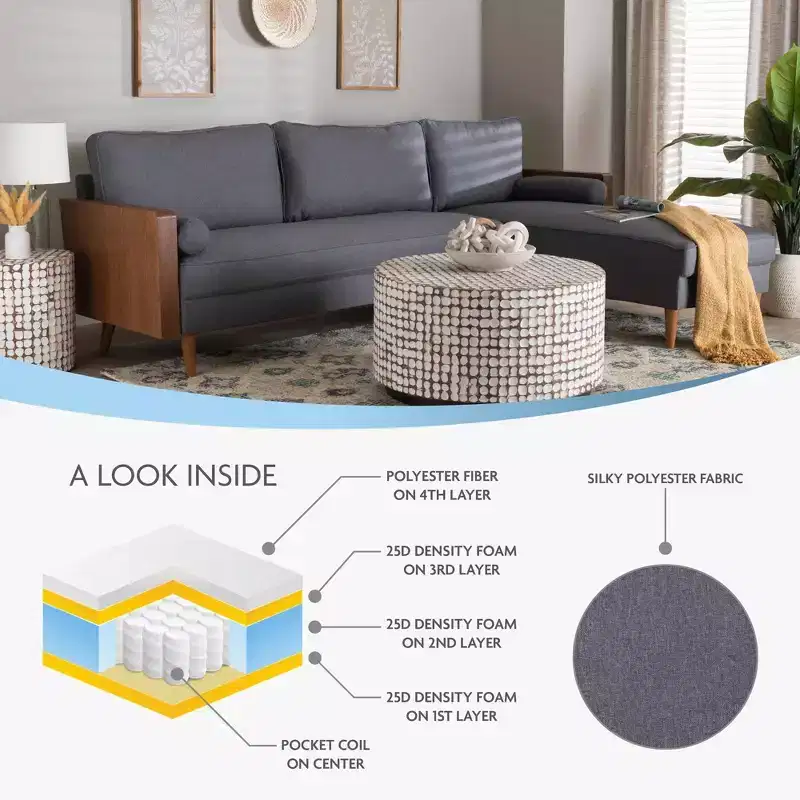 Fabric and Wood Right-Facing Sectional Sofa, L-Shape, Modern Living Room Couch