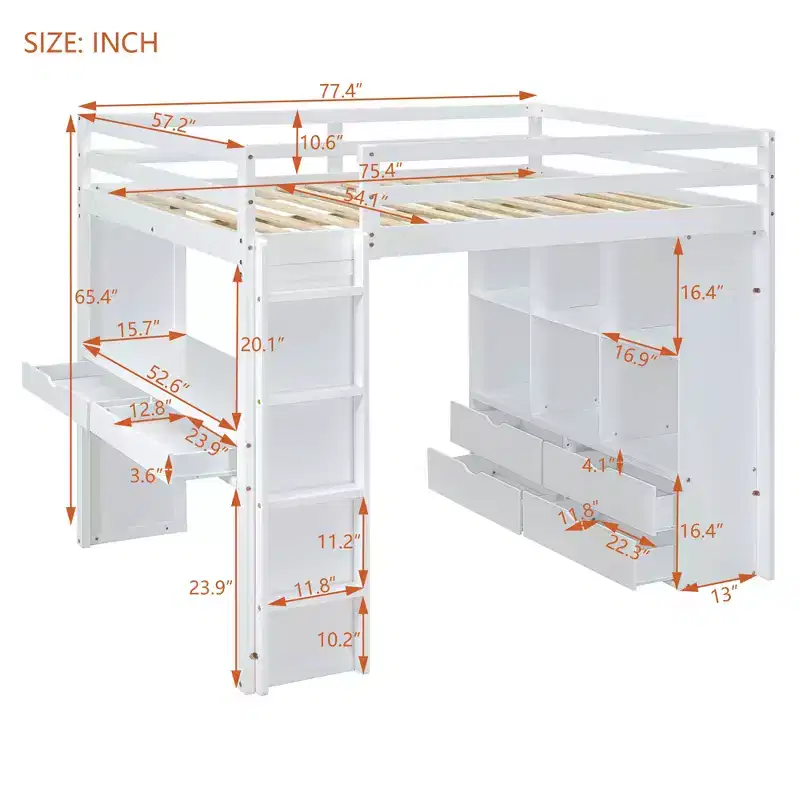 Bellemave Full Size Loft Bed with large shelves, writing desk and LED Light, White