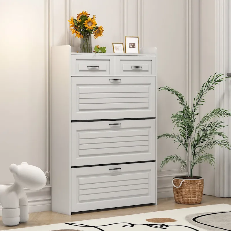 Modern Hall Tree, Entryway Coat Rack with Shoe Bench, 5 Hooks, Storage Shelf and Slatted Door Cabinet for Hallway, White