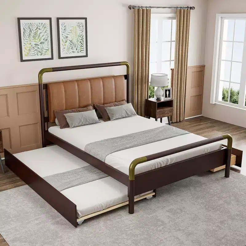 Queen Size Storage Platform Bed with 2 Drawers, T-XL Trundle & PU Upholstered Headboard, White/Walnut