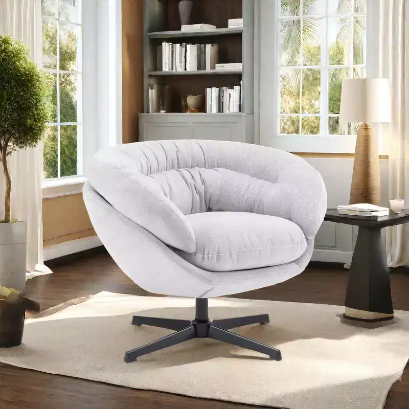 Okak Accent Chair, Modern Chenille Office Chair, Swivel Accent Chair with Removable Cushion, Round Office Chair, Metal Base and Cotton Material