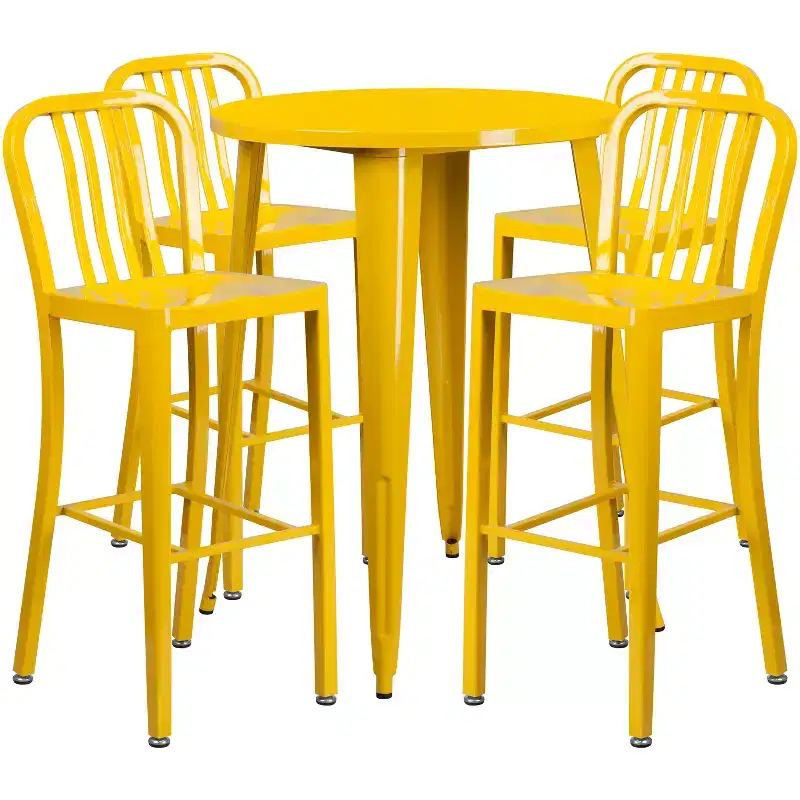 Emma and Oliver Commercial 30 Round Metal Indoor-Outdoor Bar Table Set & 4 Slat Back Stools