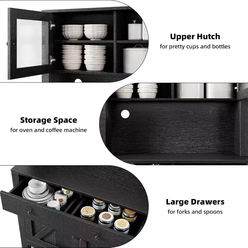 63'' Tall Kitchen Pantry Storage Cabinet with Microwave Stand, Drawers & Glass Doors, Farmhouse Hutch Cabinet Coffee Bar Station for Apartments