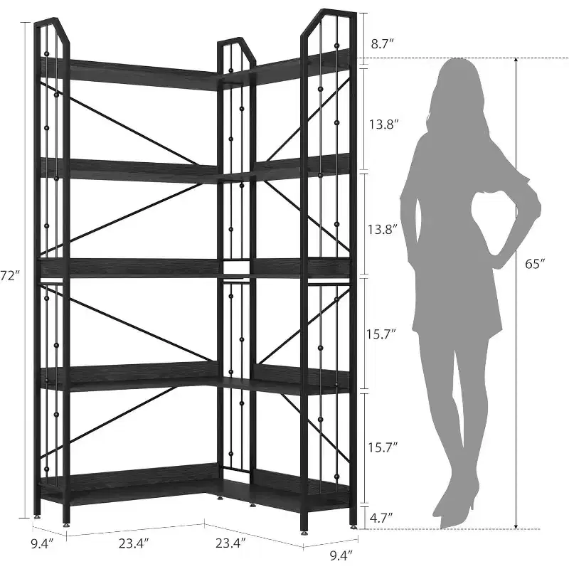 Corner L-Shaped Bookshelf, Industrial-Style Corner Shelving Five-Tier L-Shaped Bookshelf with Bead-Decor Design Suitable for Living Rooms