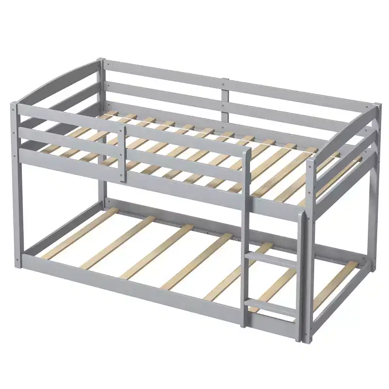 Costway Twin over Twin Low Bunk Bed with Guardrails Integrated Ladder Kids Wooden Grey/White/Beige/Pink