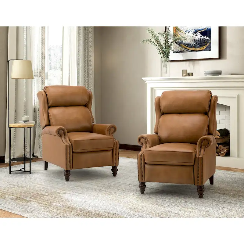Modern Genuine Leather Recliner with Nailhead Trims Set of 2