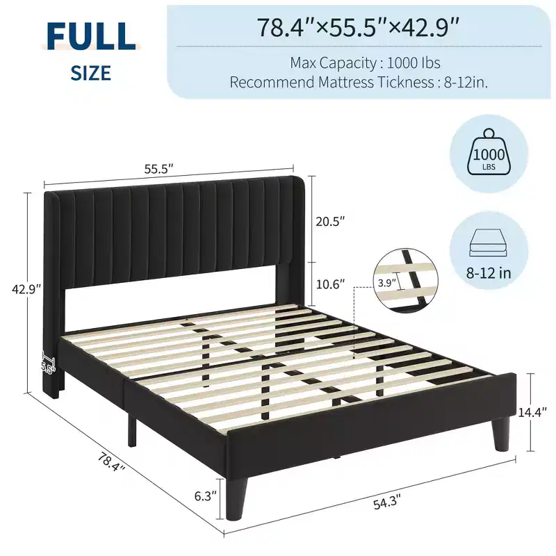 Velvet Upholstered Platform Bed Frame with Vertical Channel Tufted Wingback Headboard, Strong Wooden Slats Support, No Box Spring Needed