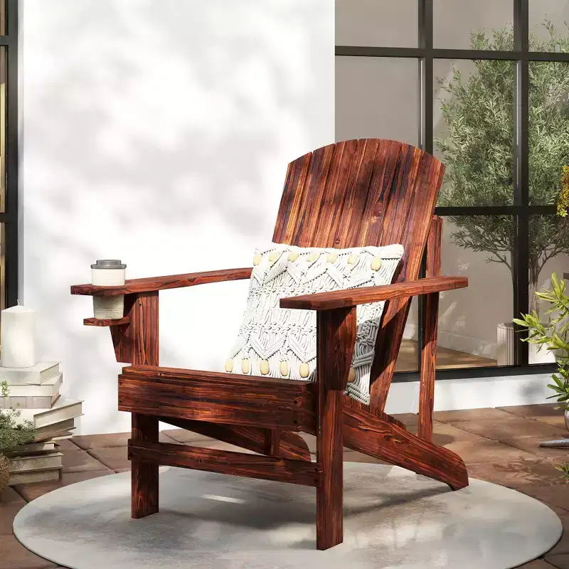 Oversized Wood Adirondack Chair with Built-In Cup Holder, Brown