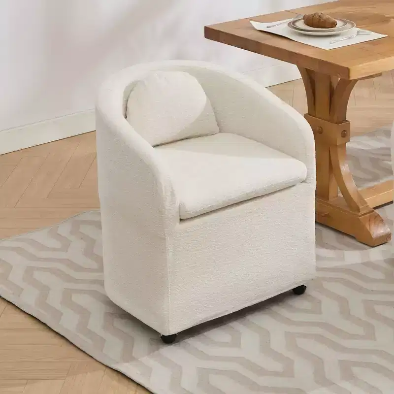 Set of 1 Chenille Fabric Dining Armchair With Back Cushion and Universal Wheels,Beige