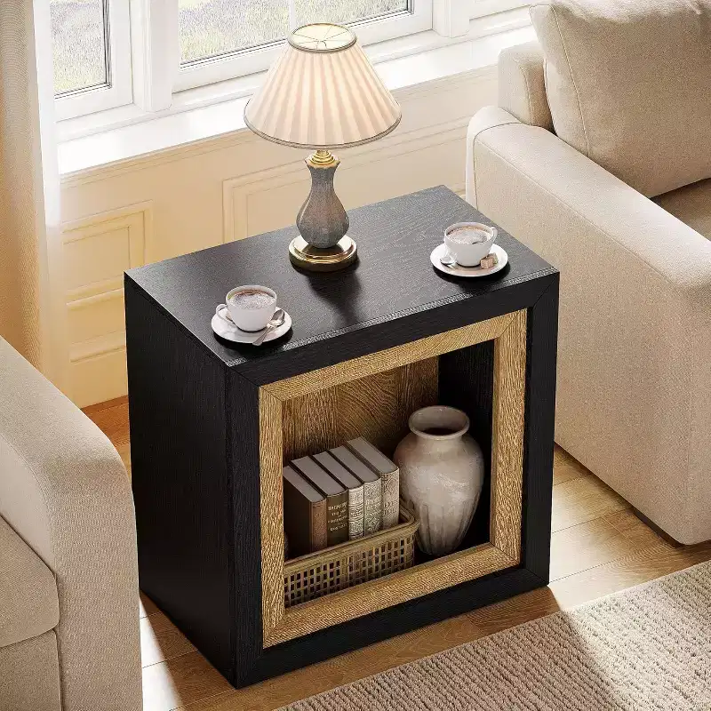 Wood End Table with Frame-Inspired Design, Rustic Cube Side Table for Living Room, Entrance, Black and Brown