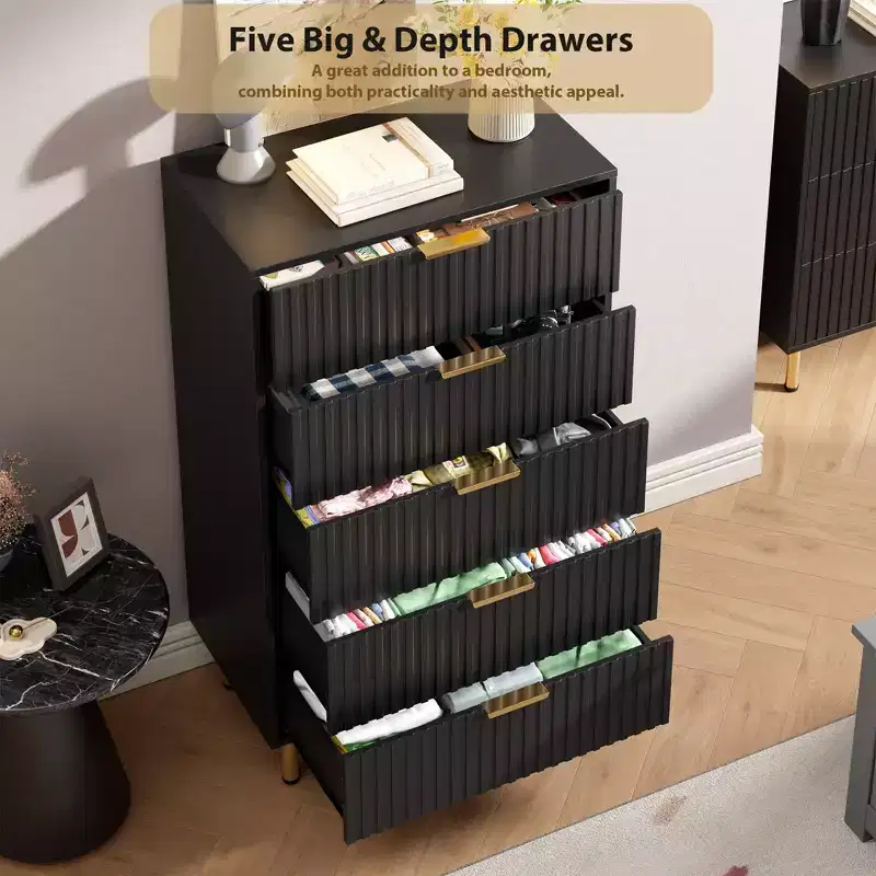 Modern Wooden 48 Tall Fluted 5 Drawer Dresser with Deep Drawers and Wide Top for Bedroom, Living Room, Hallway, Kids Room
