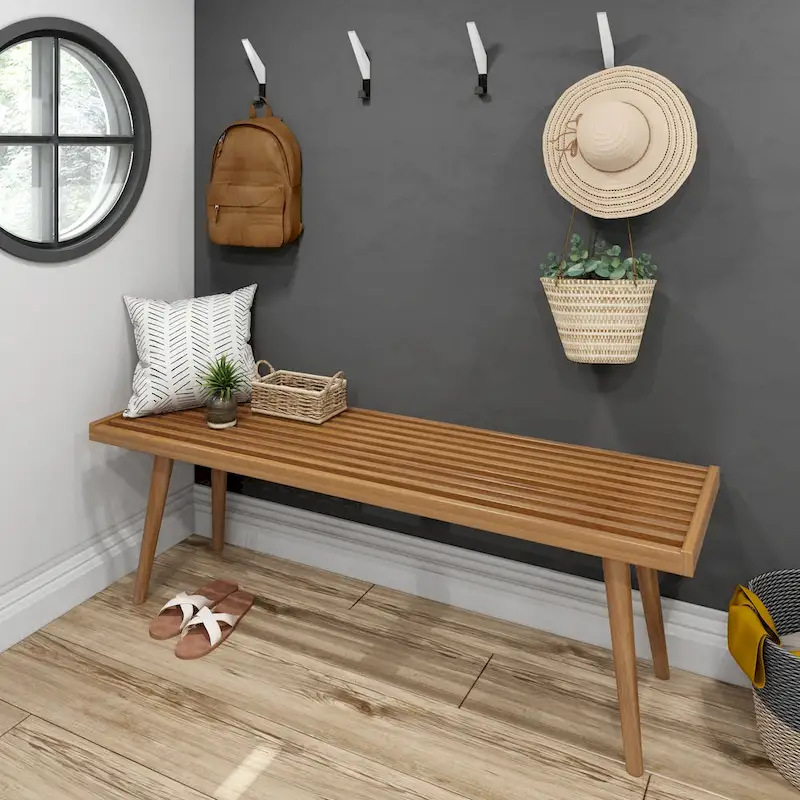 Plank and Beam Mid Century Double Wood Entryway Bench - 56.3 L x 16.5 W x 17.5 H