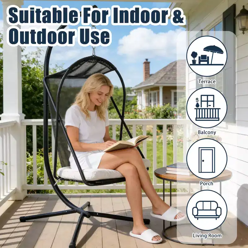 GDFStudio Aleksei Modern Metal Patio Hanging Egg Chair with Water and UV Resistant Cushion
