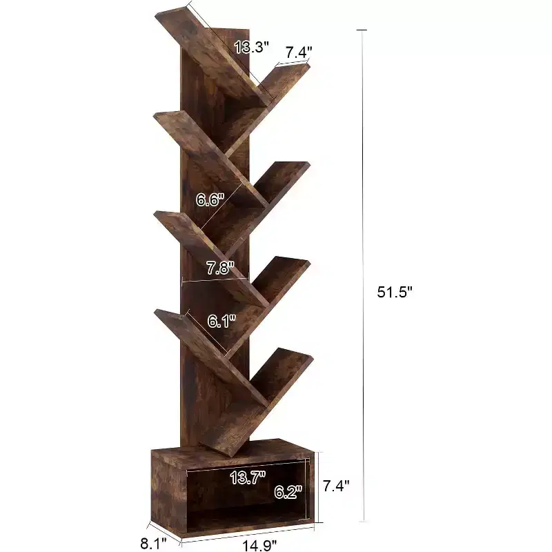 8-Tier Tree Bookcase with Storage, Tall Floor Standing Shelf for Living Room Bedroom Home Office, Multi-Functional Organizer with Wood Tone Finish