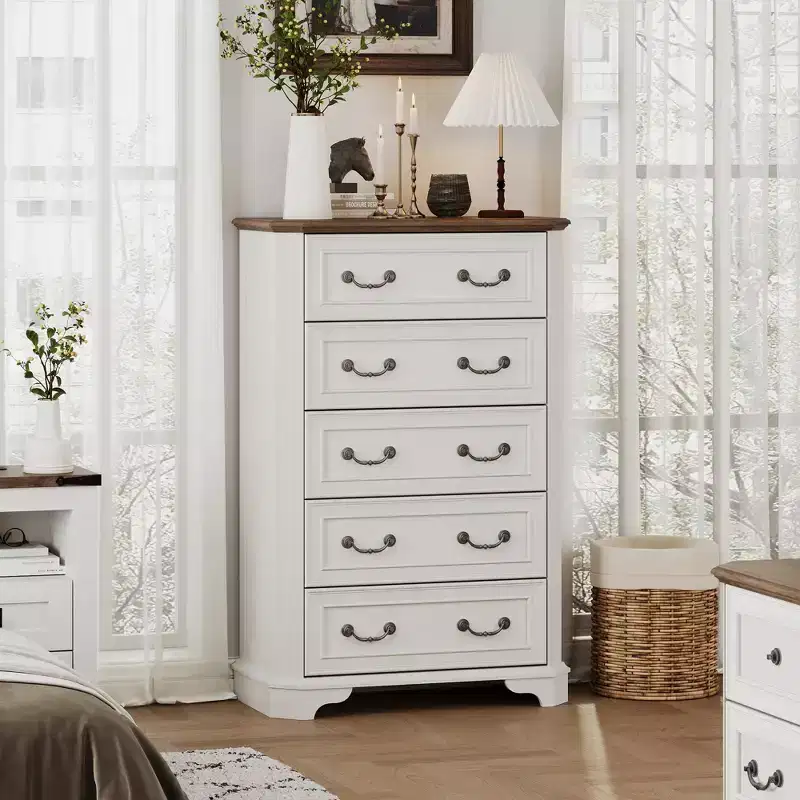 Farmhouse 5 Drawers Dresser, 48 Tall Vintage Chest of Drawers