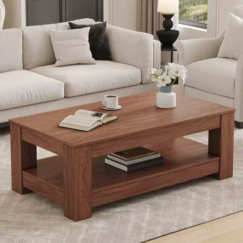 Walnut 2-Tier MDF Coffee Table, Rectangular Industrial Style Non-Toxic Finish Table for Living Room Bedroom Study