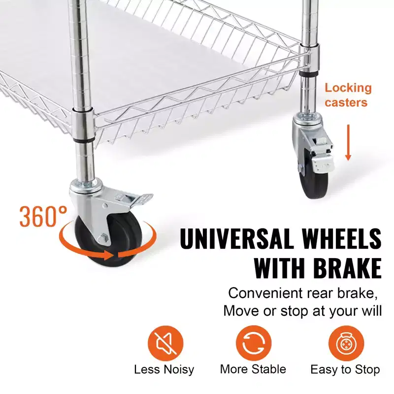 3-Tier Wire Rolling Kitchen Utility Cart, 661LBS Capacity, Curved Handle, PP Liner & 6 Hooks