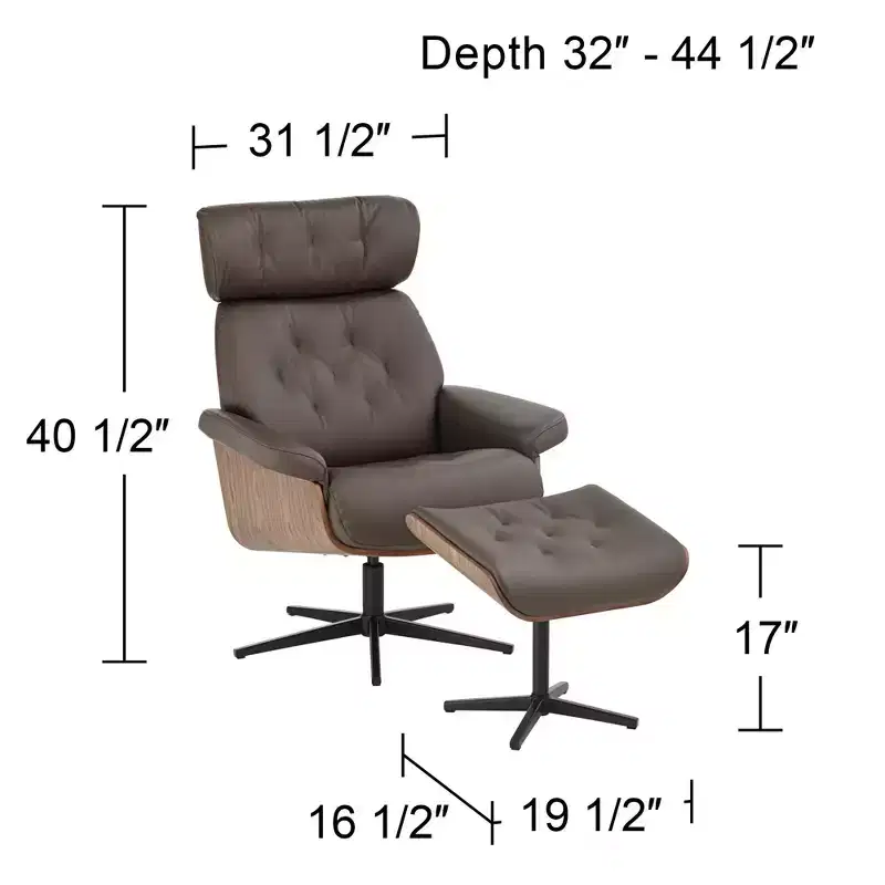 BenchMaster Melia Chocolate Tufted Faux Leather Swivel Recliner and Slanted Ottoman