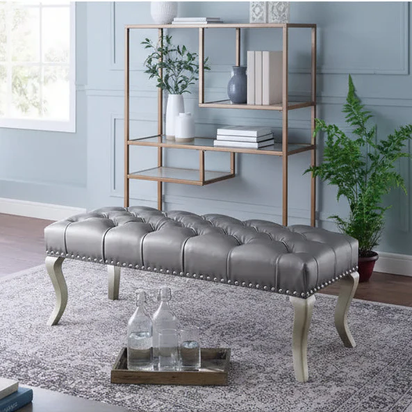 Champagne Tufted Faux Leather Bench with Nailhead Trim