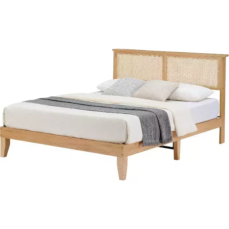 Twin Rattan Bed Frame, Boho Platform Bed with Natural Rattan Headboard & Underbed Storage, No Box Spring Needed