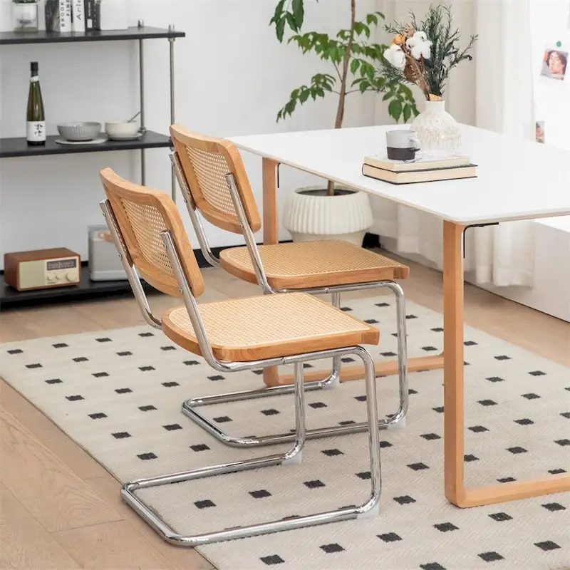 Cantilever Dining Chairs with Rattan Back and Chrome Frame, Set of 2