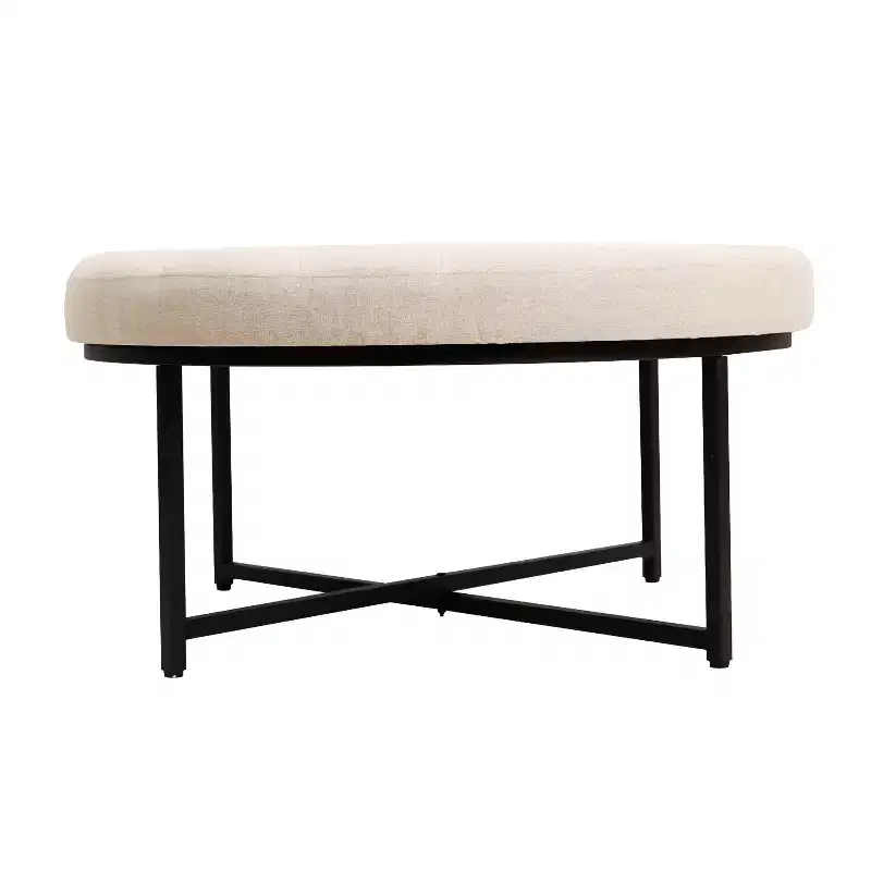 34 Round Cotton Linen Tufted Ottoman with Metal Frame