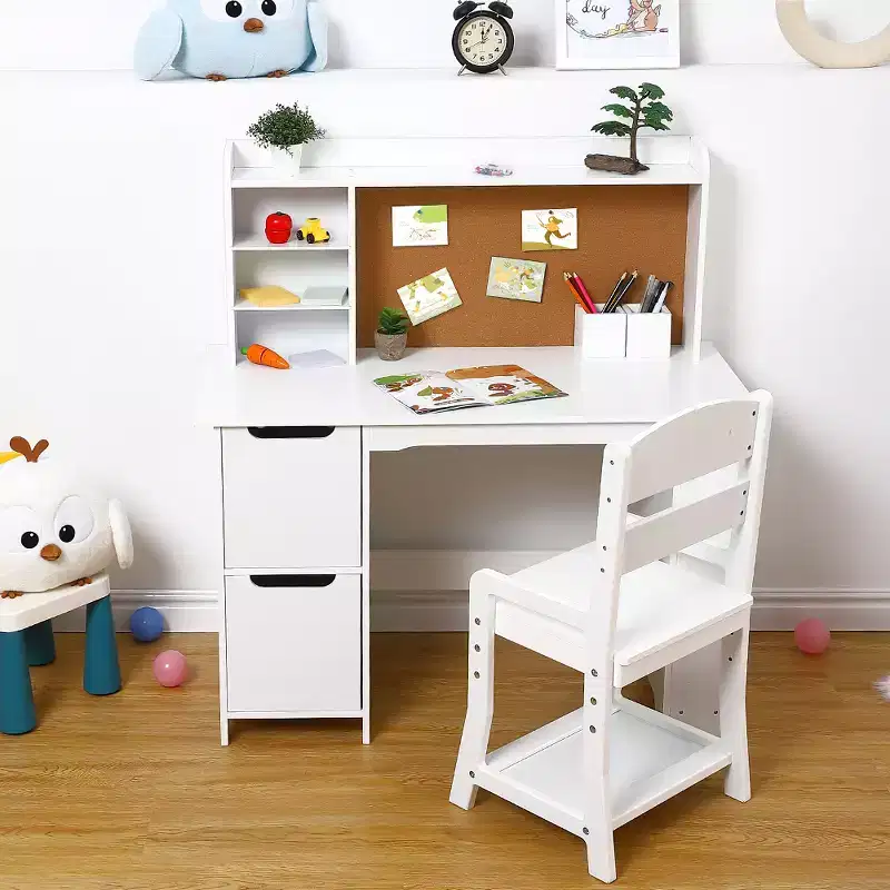 COZONY Kids Vanity Desk with Mirror & Lights, White Princess Makeup Vanity with Chair, Storage Shelves & Drawers, Study Desk Set for Girls & Boys