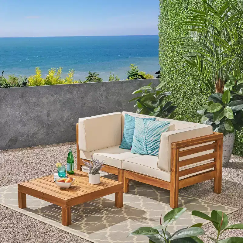 GDFStudio Cascada Outdoor Acacia Wood Loveseat and Table Set with Cushions, Teak/Beige
