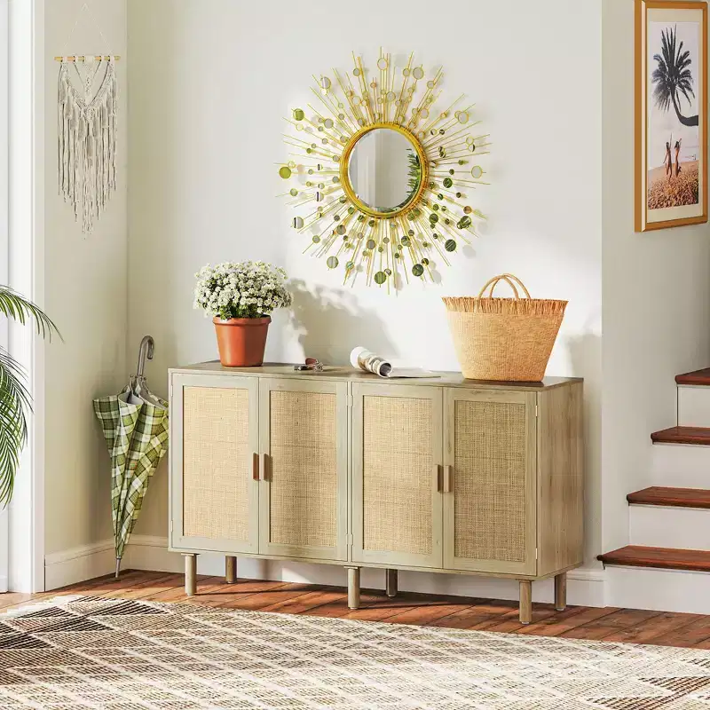 Bohemian Sideboard, 62.2 Buffet Cabinet with 4 Rattan Doors and Shelves for Living Room, Hallway