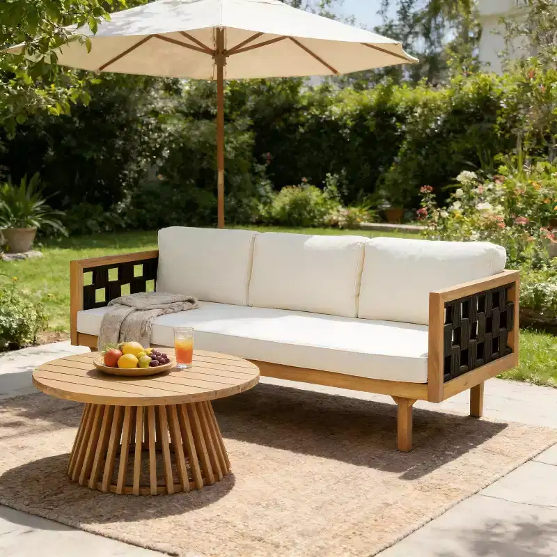 Christopher Knight Home Alice 2 Piece Modern Outdoor Acacia Wood Woven Rope 3-Seater Sofa Set with Round Coffee Table