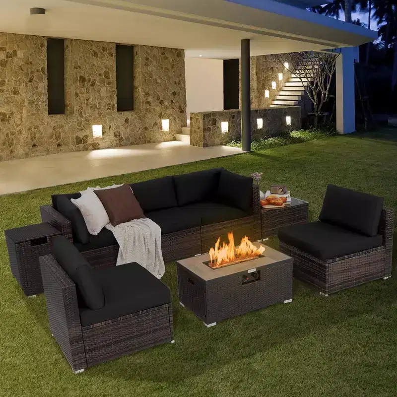 Costway 8PCS Patio Rattan Furniture Set Fire Pit Table Tank Holder Cover Deck Off White/Black/Navy/Red/Turquoise