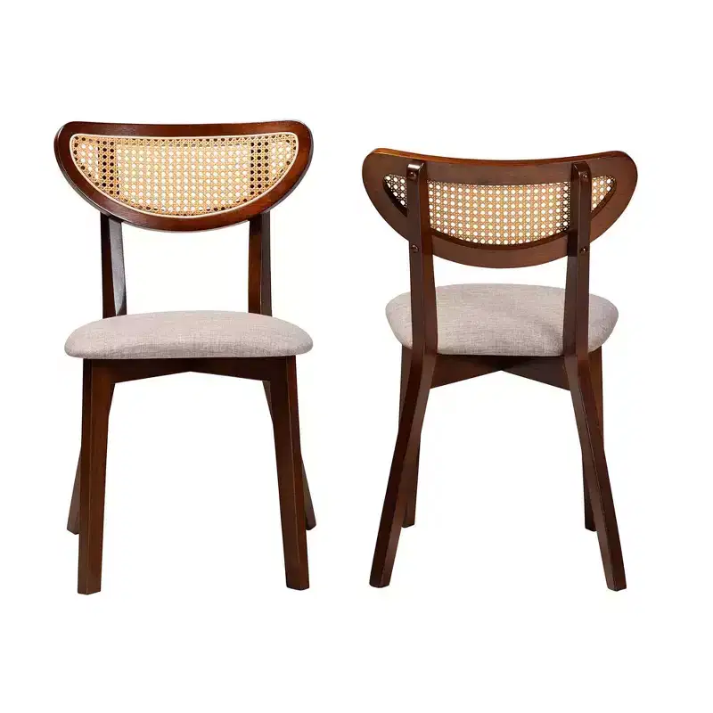 Baxton Studio 2pc Dannell Fabric and Wood Dining Chairs Gray/Walnut Brown/Light Brown: Mid-Century, Rattan Detail, Foam Cushion