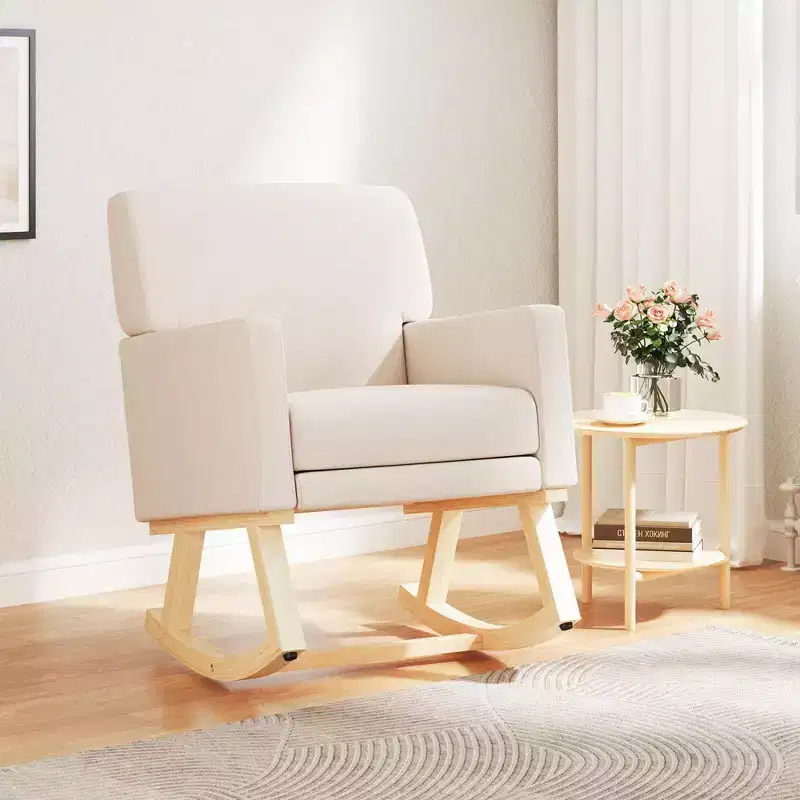 Costway Mid Century Rocking Chair Upholstered Armchair w/ Lumbar Support BeigeGray