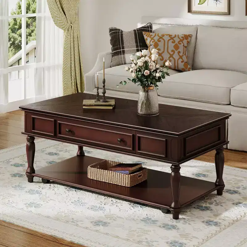 Farmhouse Coffee Table with Drawer, Vintage Rectangle Center Table with Lockable Wheels for Living Room