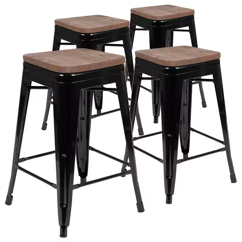 Flash Furniture 24 High Metal Counter-Height, Indoor Bar Stool with Wood Seat - Stackable Set of 4