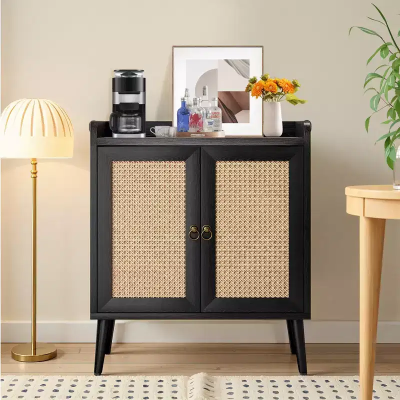 MAYEERTY 59x15x31 Inch Black Rattan Sideboard Buffet Liquor Bar For Dining Room Hallway