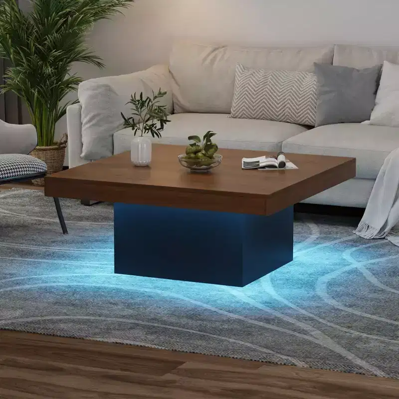 35 Inch Square Coffee Table, Farmhouse Wood Small Living Room Table with Leg Lights for Parlor, Home Office, Apartment, Reading Room, Easy Assembly