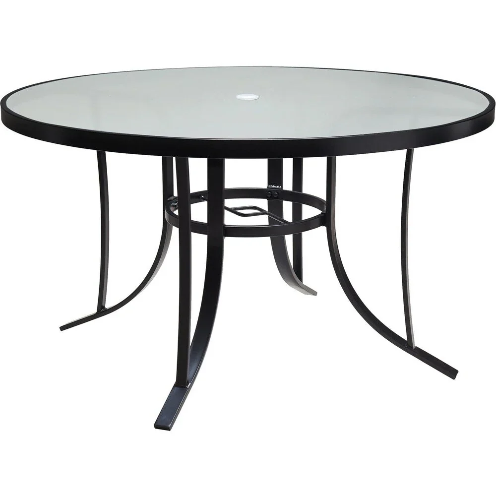 Hanover Lavallette 5-Piece Dining Set in Ocean Blue with 4 Stationary Chairs, 52-In. Round Glass-Top Table, Umbrella, and Base