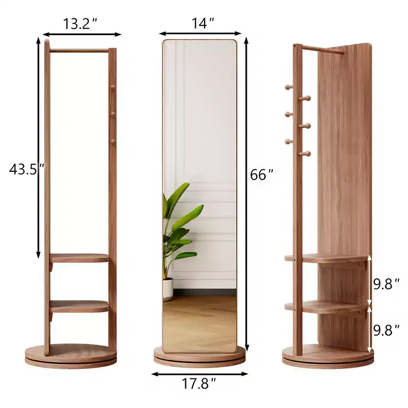 Walnut, 360° Rotating, Full-Length Floor Mirror with Coat Rack, 1-Person