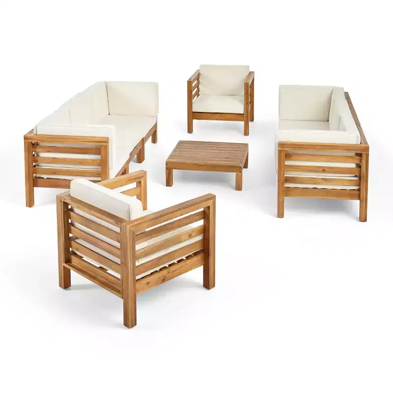 Christopher Knight Home Oana Outdoor Acacia Wood 8 Seater Sofa and Club Chair Set with Cushion