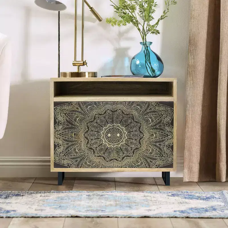 Kismire Bohemian Solid Mango Wood Accent Cabinet with Screen Printed Pattern Natural - HOMES: Inside + Out: Storage & Style