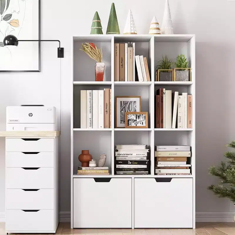 54 Tall Freestanding White Wooden Bookcases/ Bookshelf Storage Organizer with 9 Cube Open Shelf and 2 Drawers for Living Room, Office, Bedroom