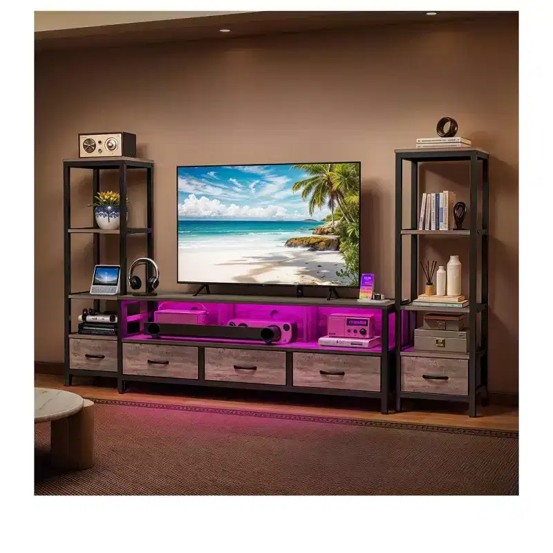 TV Stand with 4-Tier Bookshelves, LED Lights & Power Outlets – Fits Up to 65