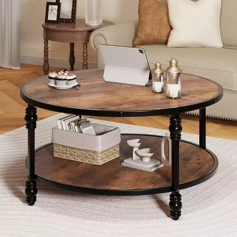 Garvee Coffee Table Round Rustic Center Table with Storage Shelf Wood Circle Coffee Table with Sturdy Metal Legs Living Room
