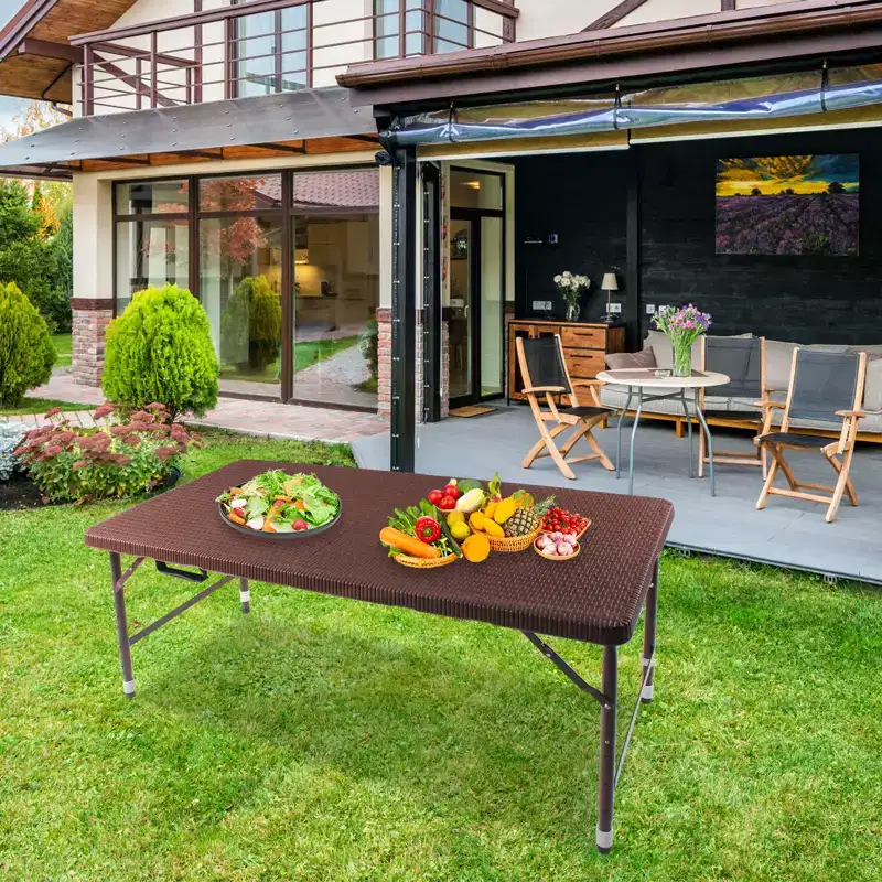 Rattan Folding Table 4ft Heavy-Duty Portable Outdoor Picnic Table for Party Dining Camping Tables with Handle
