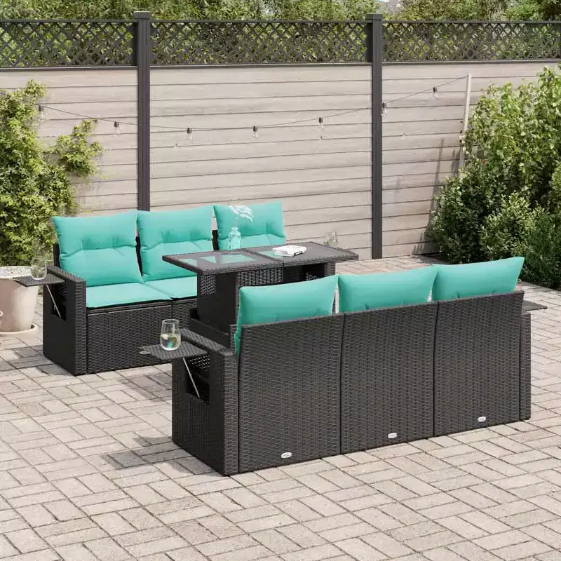 vidaXL Patio Sofa Set with Cushions Conversation Set 7 Piece Poly Rattan Acacia - Black