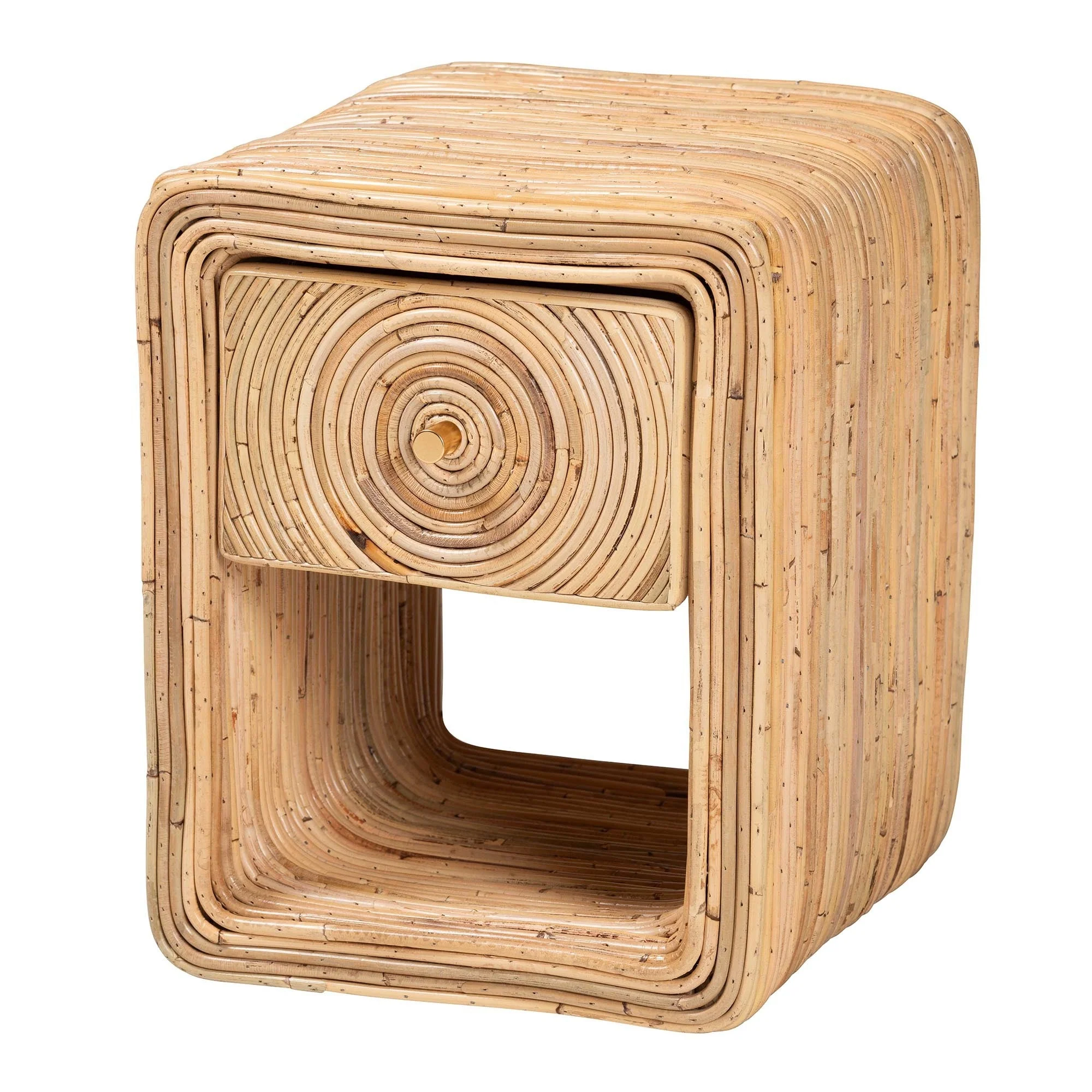 Rattan 1-Drawer Bohemian Nightstand with Open Shelf