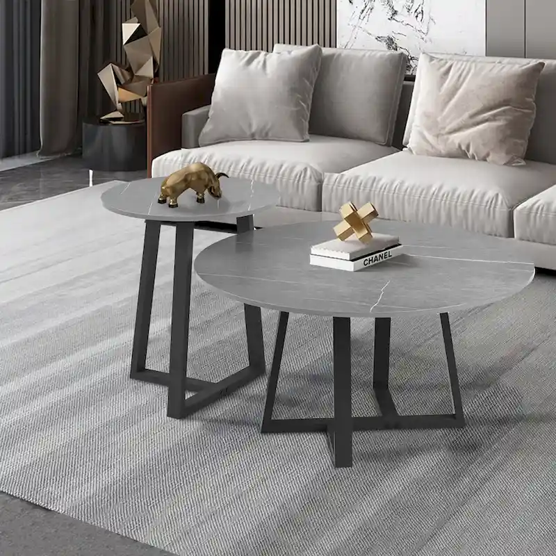 Set of 2 Round Nesting Tables Sintered Stone Marble Coffee Table - 31.5x15.7 inch
